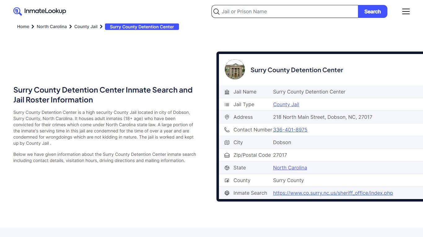 Surry County Detention Center Inmate Search, Jail ... - Inmate Lookup